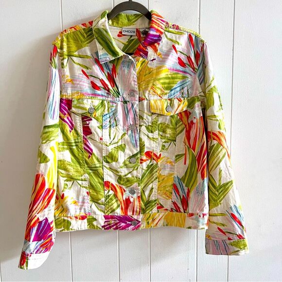 Vintage Chicos Floral Tropical Hawaiian Print Linen Blend Button Up Jacket - Picture 1 of 10